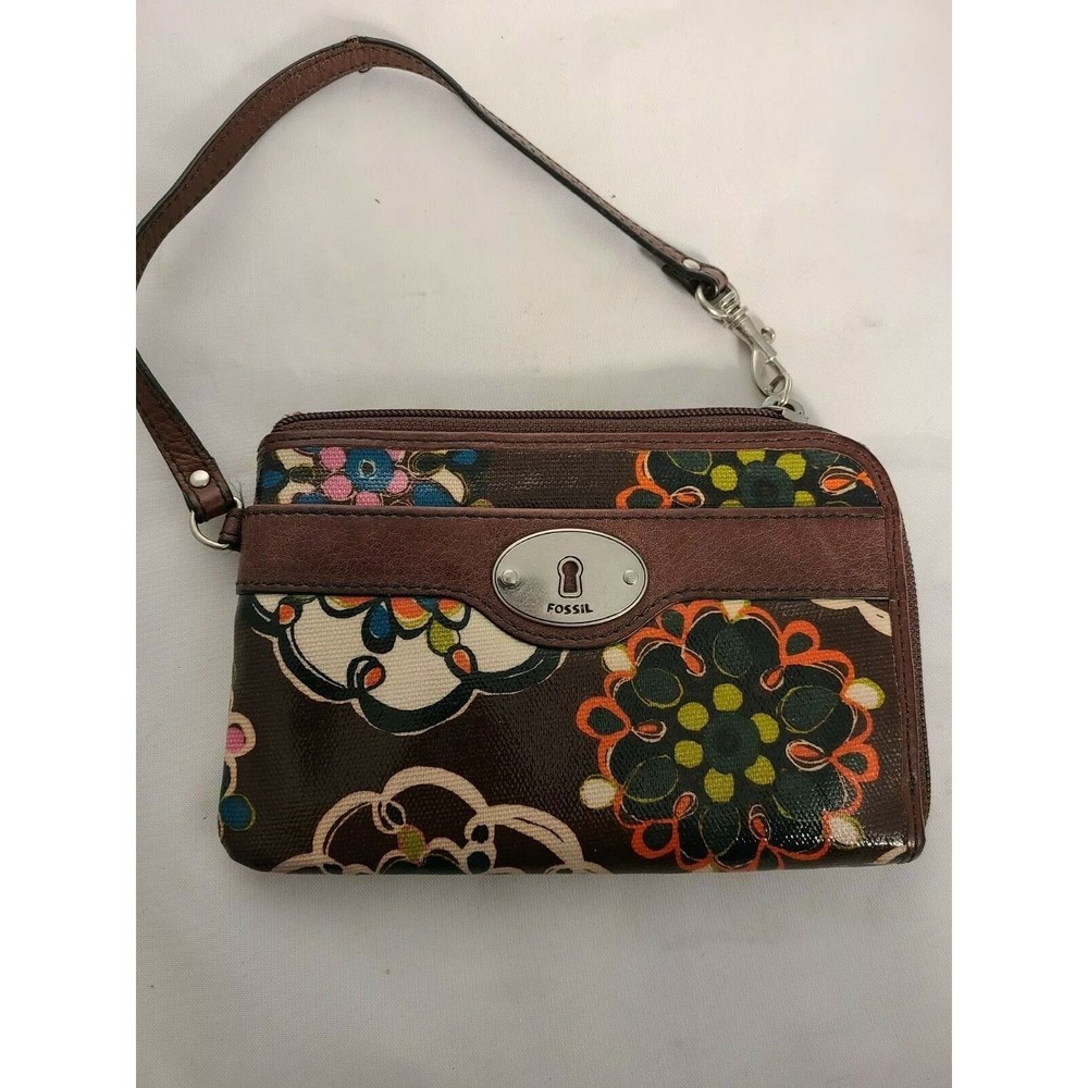 Fossil Coated Canvas Wrist Purse Floral Design Key-Per
